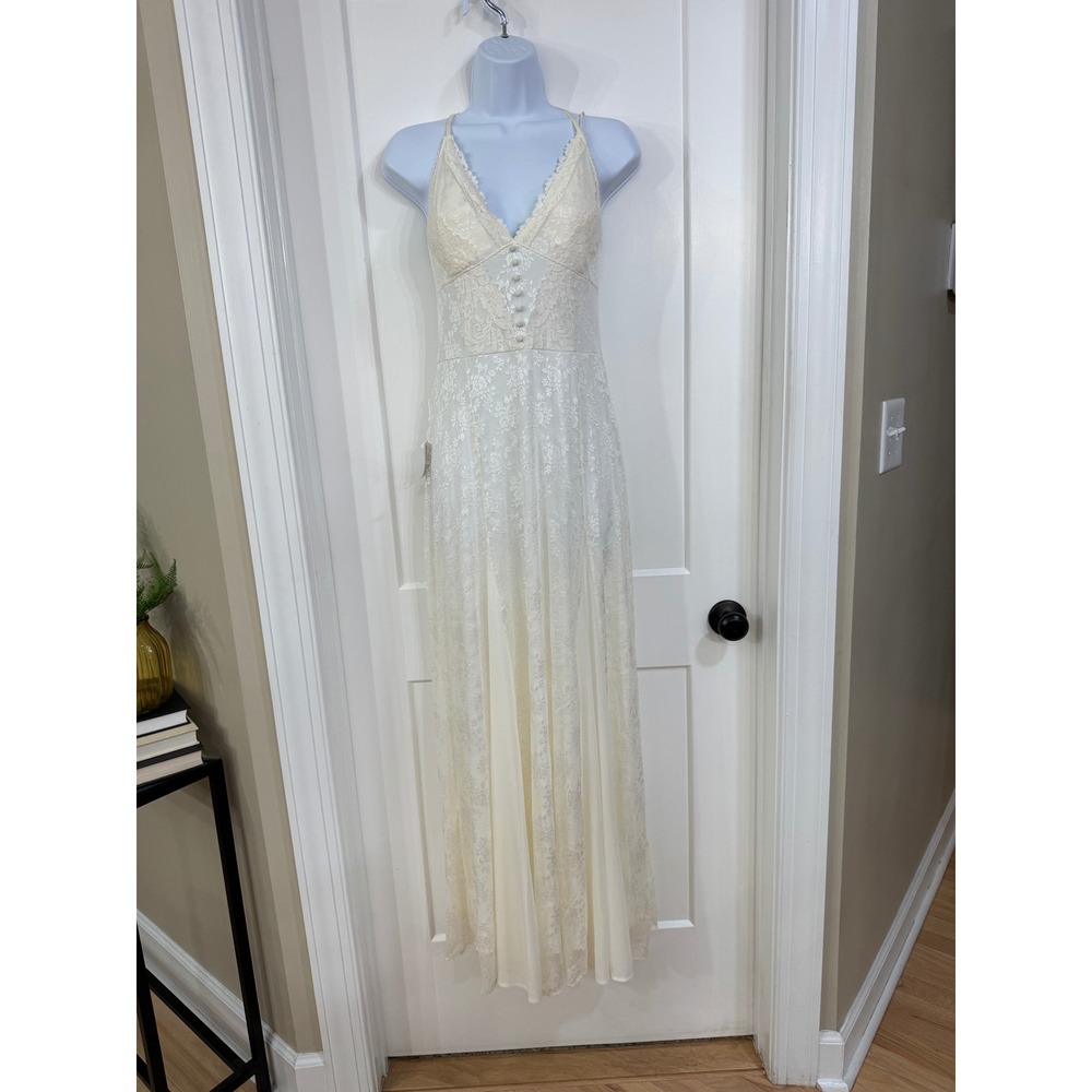 Joyfolie Alia Dress Cream Lace Maxi V-Neck Spaghetti Strap Floral Size S NWT